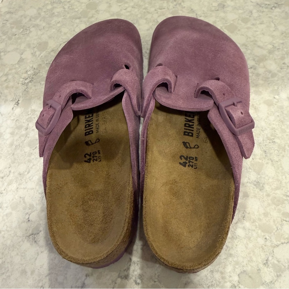Birkenstock Boston Mauve Suede Leather Clogs Classic Cork Footbed Slip On Sz 42 - Picture 3 of 8